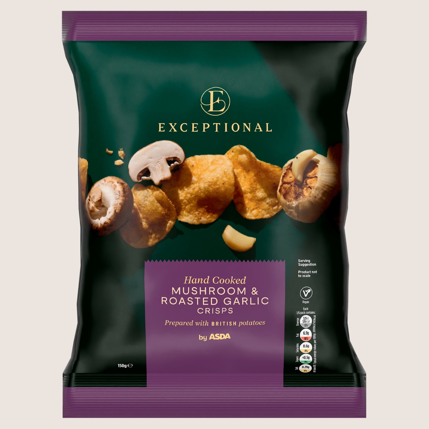 ASDA Exceptional by Hand Cooked Mushroom & Roasted Garlic Crisps No Artificial Additives 150g
