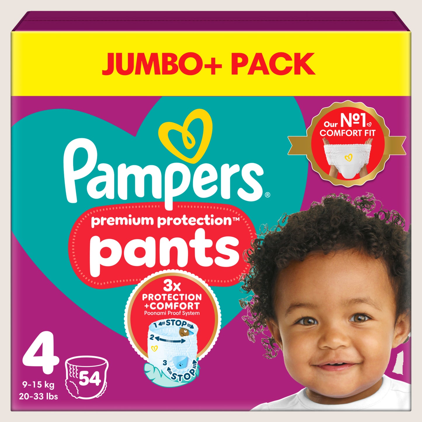 Pampers Premium Protection Nappy Pants Size 4, , - Jumbo+ Pack Dermatologist Tested 54 Nappie 9kg