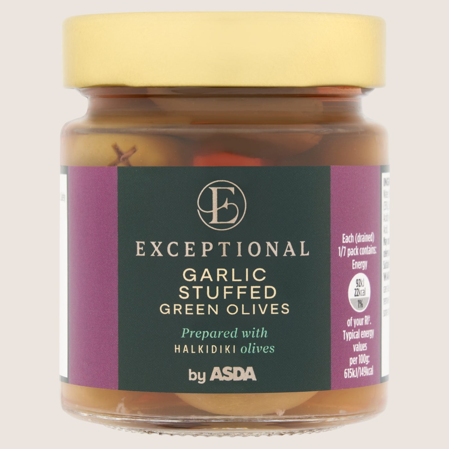 Exceptional by ASDA Garlic Stuffed Green Olives No Artificial Additives 195g