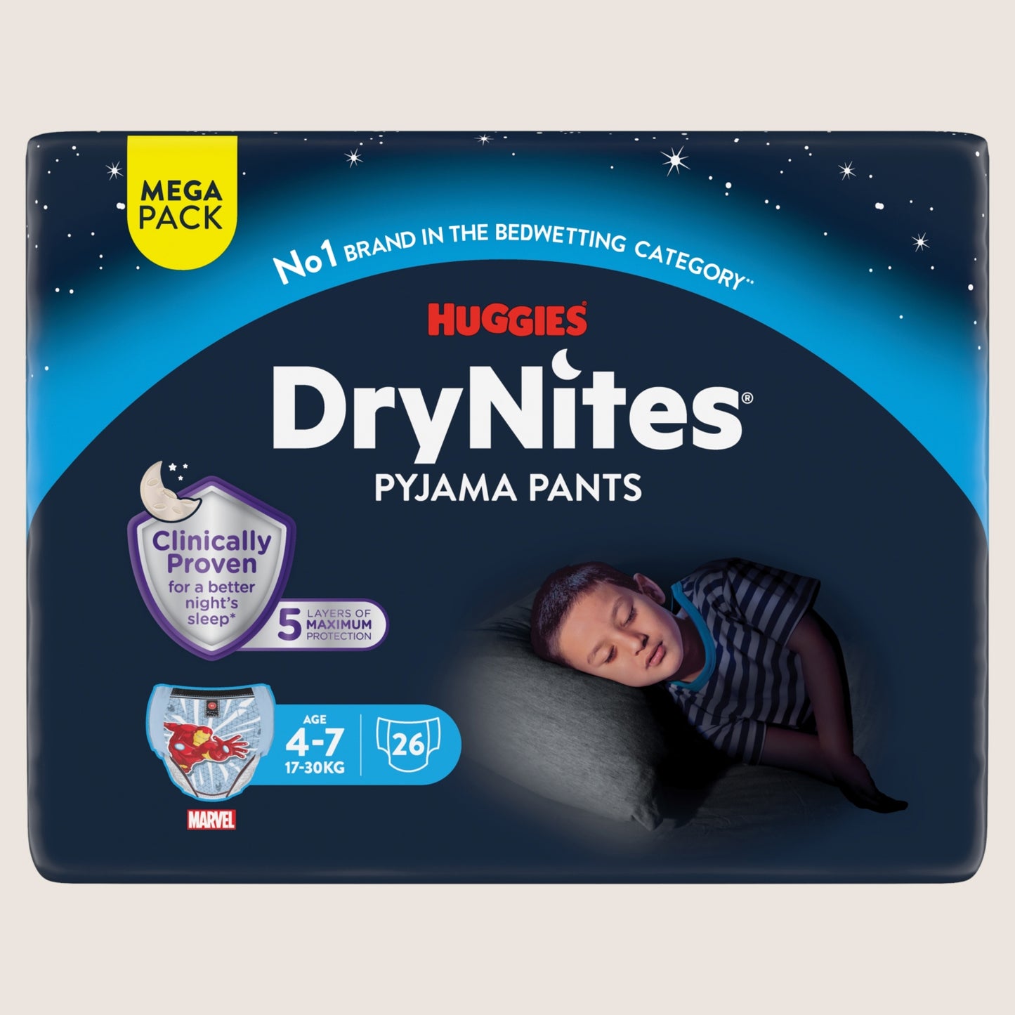 Huggies DryNites MEGA Bedwetting Pyjama Nappy Pants 4-7 years 26 Pants Gentle Formula 30kg