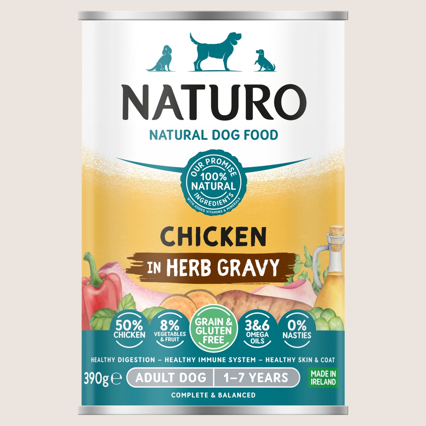 Naturo Natural Dog Food Chicken in Herb Gravy Adult Dog 1-7 Years With Omega Oils 390g
