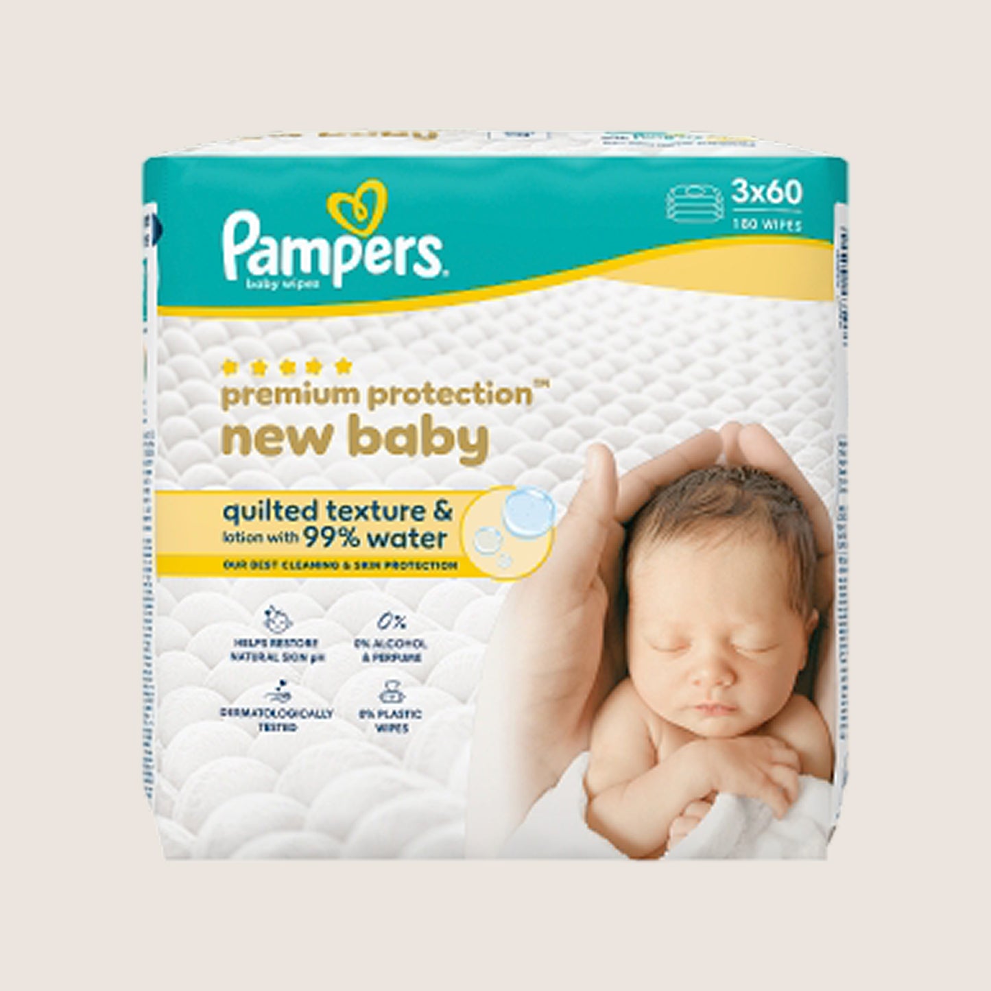 Pampers Premium Protection New Baby Wipes Plastic Free, 180 Baby Wet Wipes Dermatologist Tested
