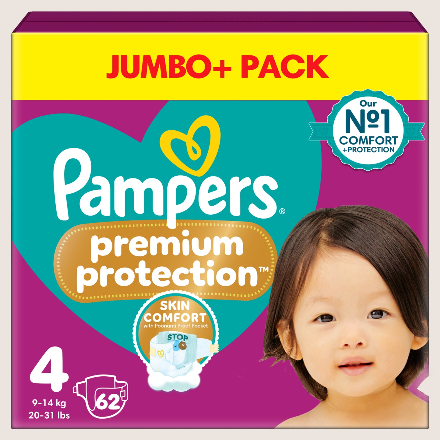 Pampers Premium Protection Size 4, 62 Baby Nappies, - Jumbo+ Pack Dermatologist Tested 9kg