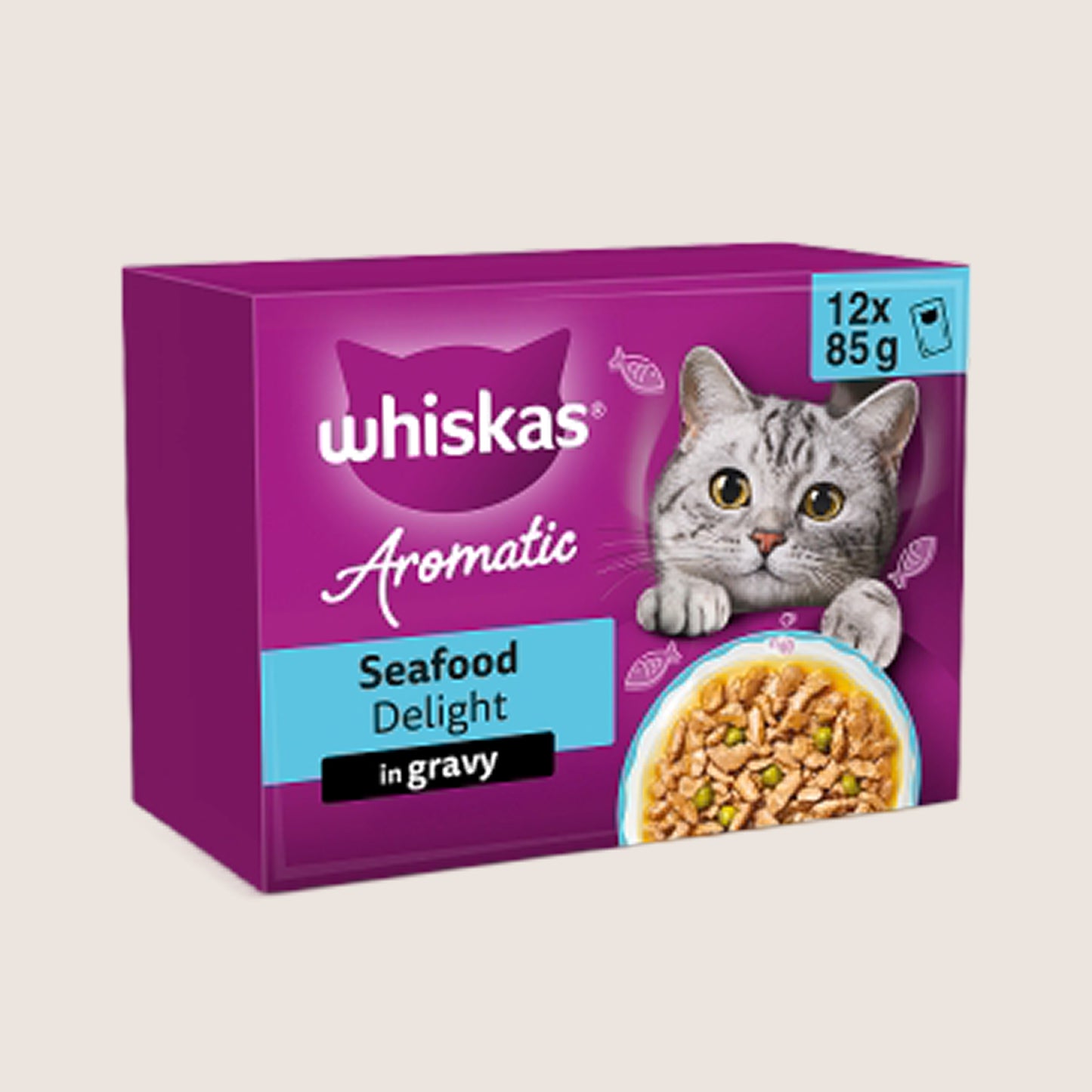 Whiskas 1+ AROMATIC SEAFOOD Delight Wet Cat Food Pouches in Gravy Light 12 x 85g