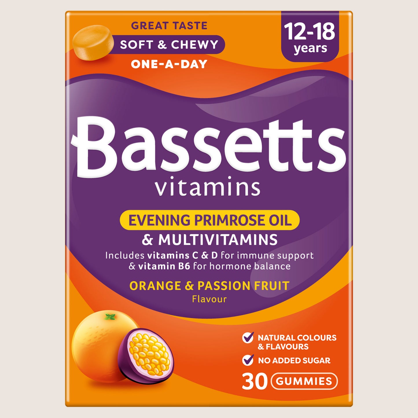 Bassetts Vitamins Evening Primrose Oil & Multivitamins Orange & Passion Fruit 12-18 Years 30 Gummies