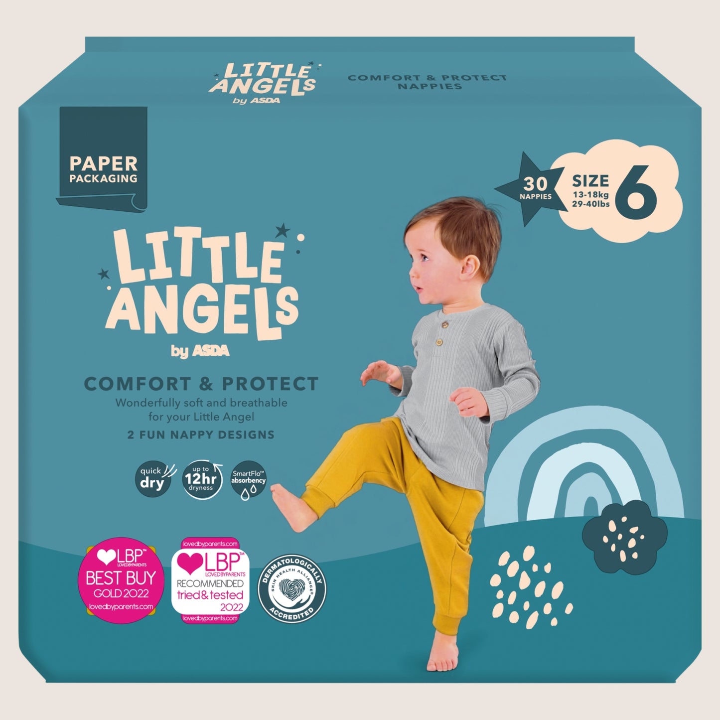 LITTLE ANGELS by ASDA Comfort & Protect Size 6 13- 29-40lbs Size 6 30 Nappie 18kg