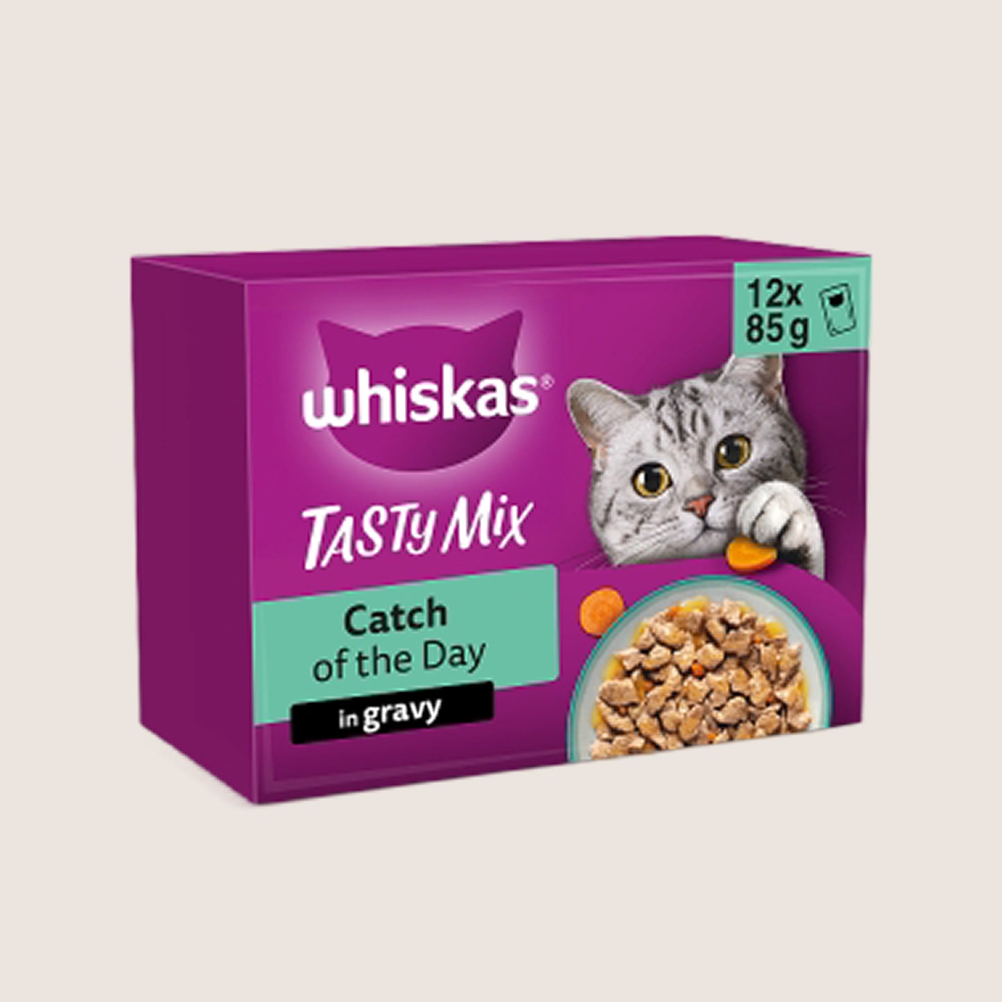 Whiskas 1+ TASTY MIX Catch Of The Day Wet Cat Food Pouches in Gravy With Taurine 12 x 85g