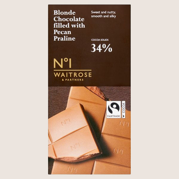 Waitrose No.1 Blonde Chocolate filled with Pecan Praline Pure Indulgence 90G