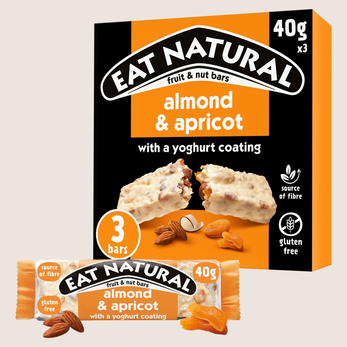 Eat Natural Almond & Apricot with a Yoghurt Coating Fruit & Nut Bars Gluten Free 3 x 40g