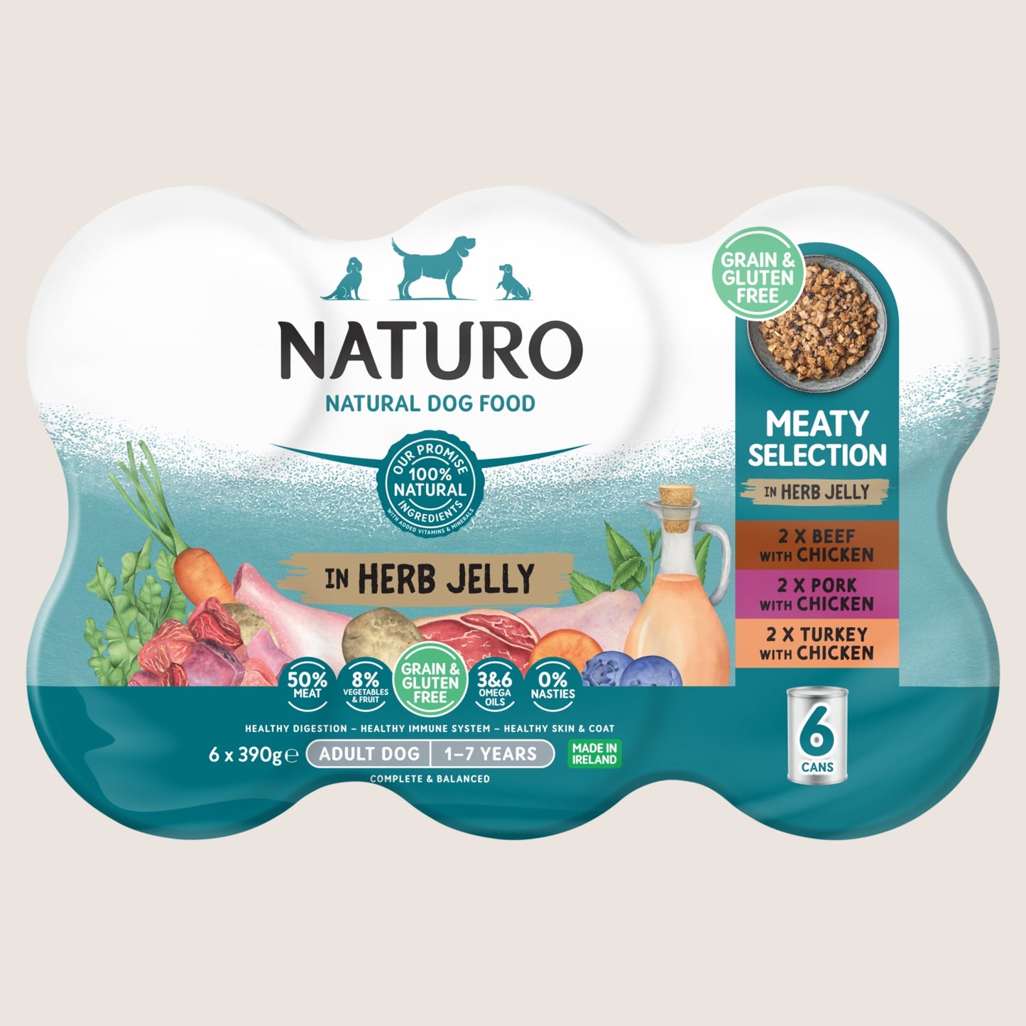 Naturo Natural Dog Food Meaty Selection in Herb Jelly Adult Dog 1-7 Years With Omega Oils 6 x 390g