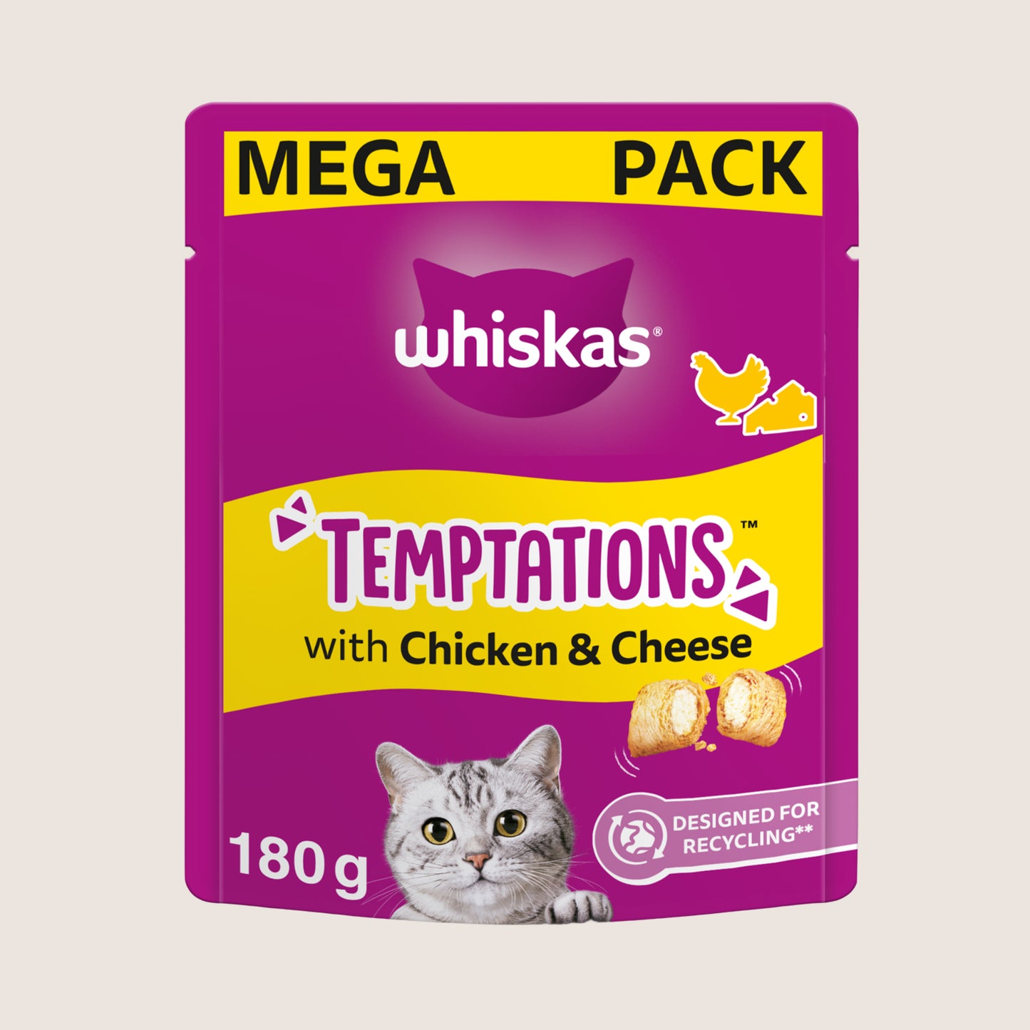 Whiskas TEMPTATIONS™ Adult Cat Treats with Chicken & Cheese Nutritionally Complete 180g