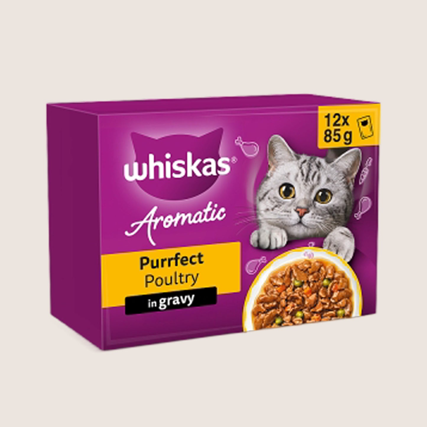 Whiskas 1+ AROMATIC Purrfect POULTRY Wet Cat Food Pouches in Gravy No Artificial Additives 12 x 85g