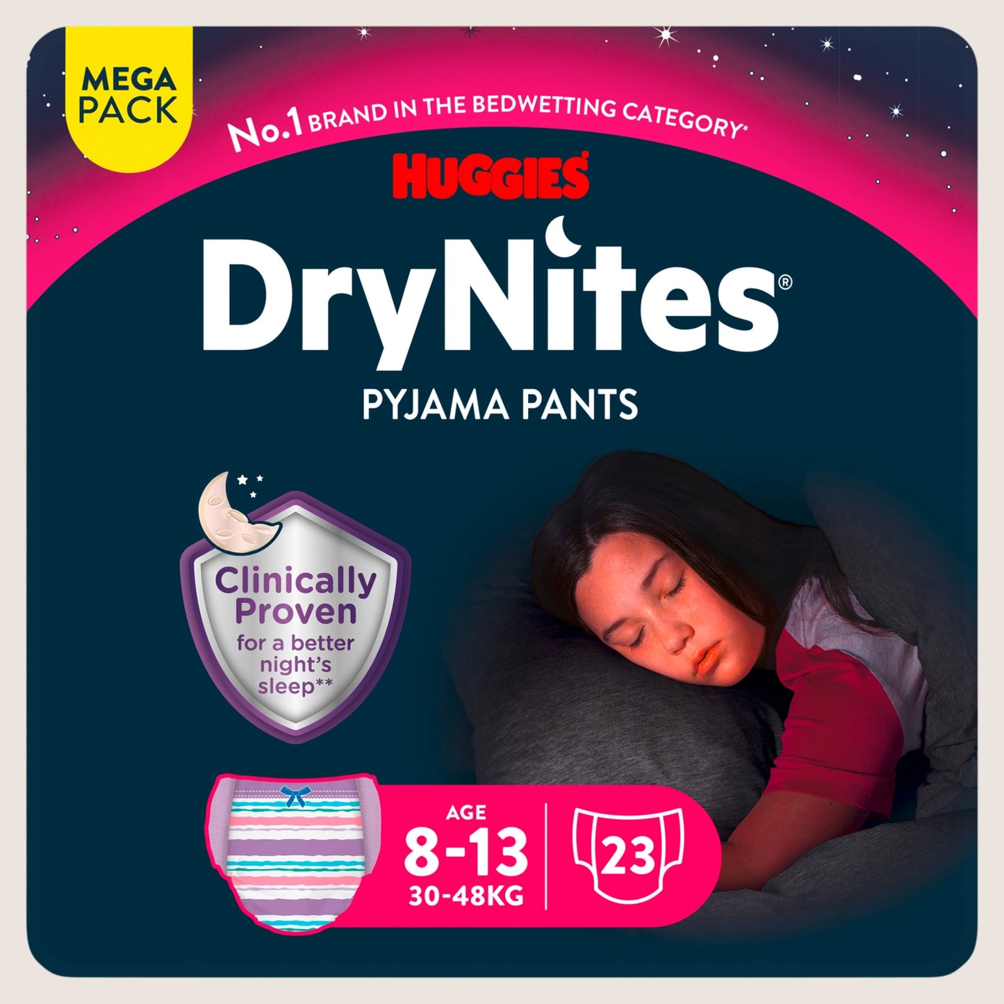 Huggies DryNites Bedwetting Pyjama Nappy Pants Girl - Age 8-13 MEGA Pack - 23 pants Gentle Formula