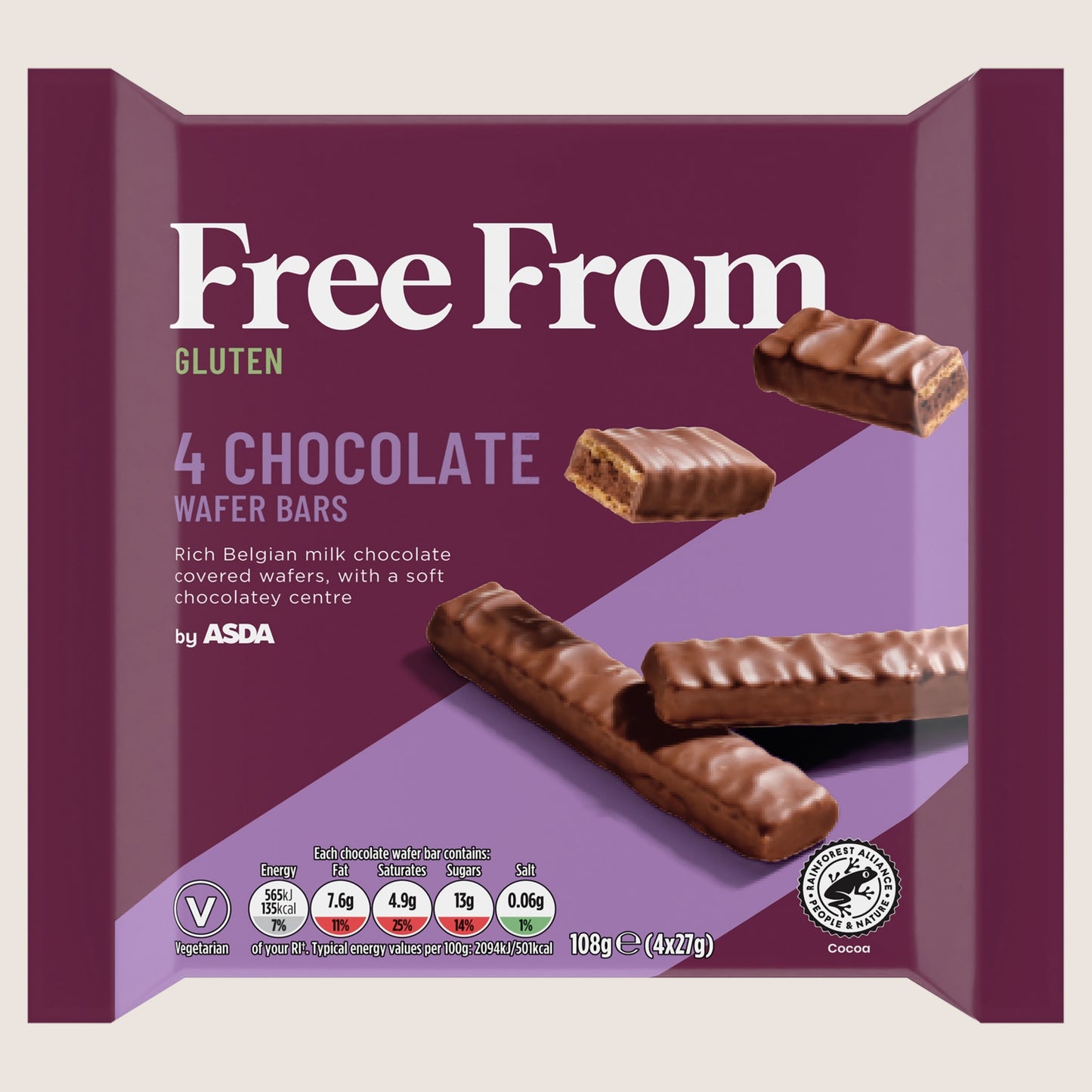ASDA Free From by Chocolate Wafer Bars Gluten Free 4 x 27g