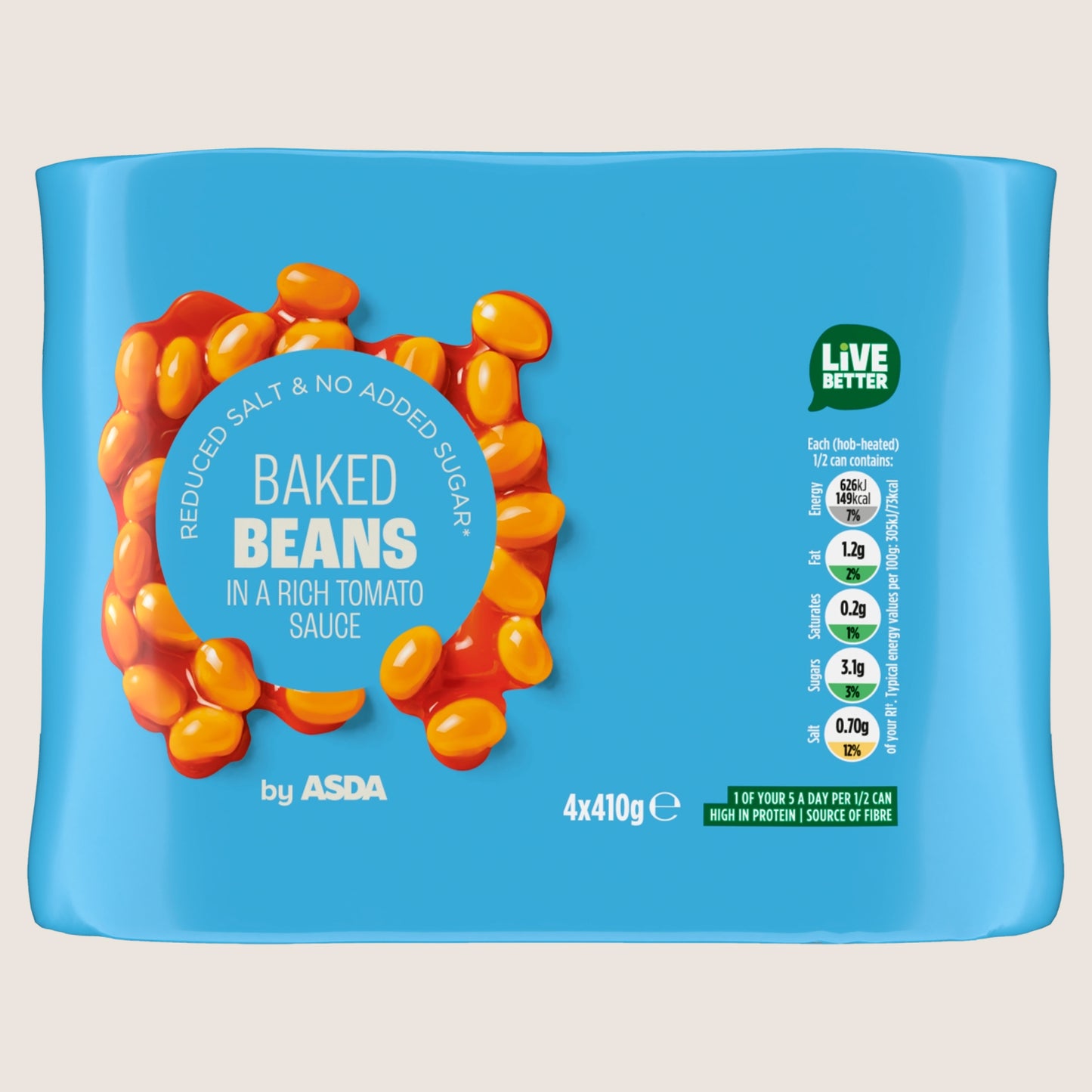 ASDA Baked Beans No Added Sugar 4 x 410g