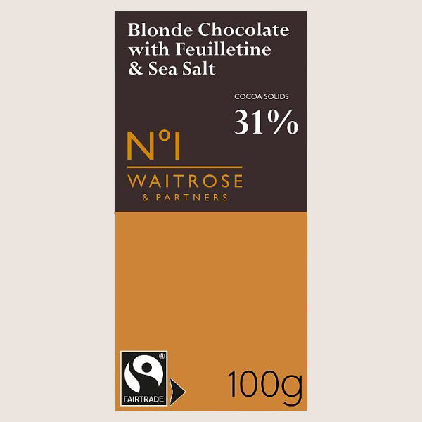 Waitrose No.1 Fairtrade Blonde Chocolate with Feuilletine & Sea Salt Pure Indulgence 100G