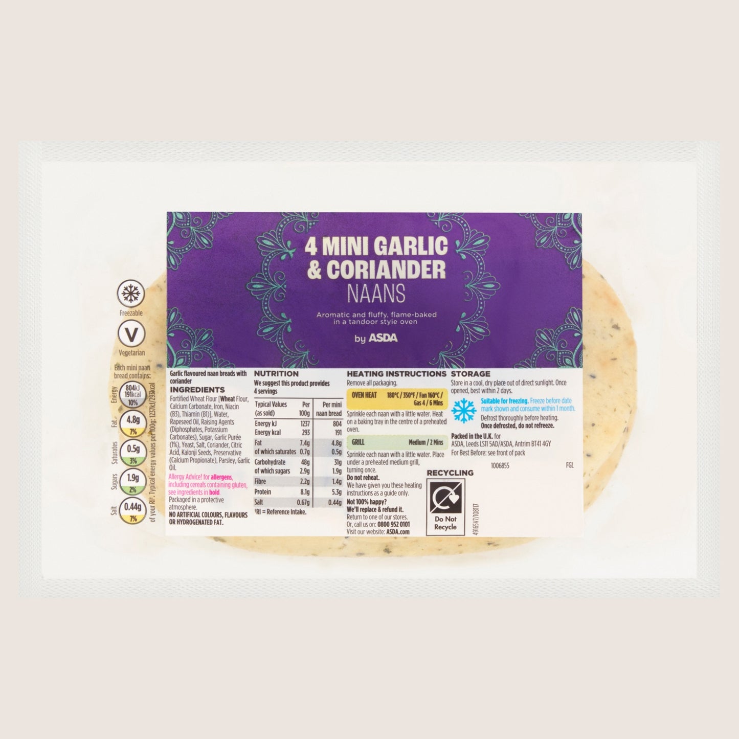 ASDA 4 Mini Garlic & Coriander Naans No Artificial Additives