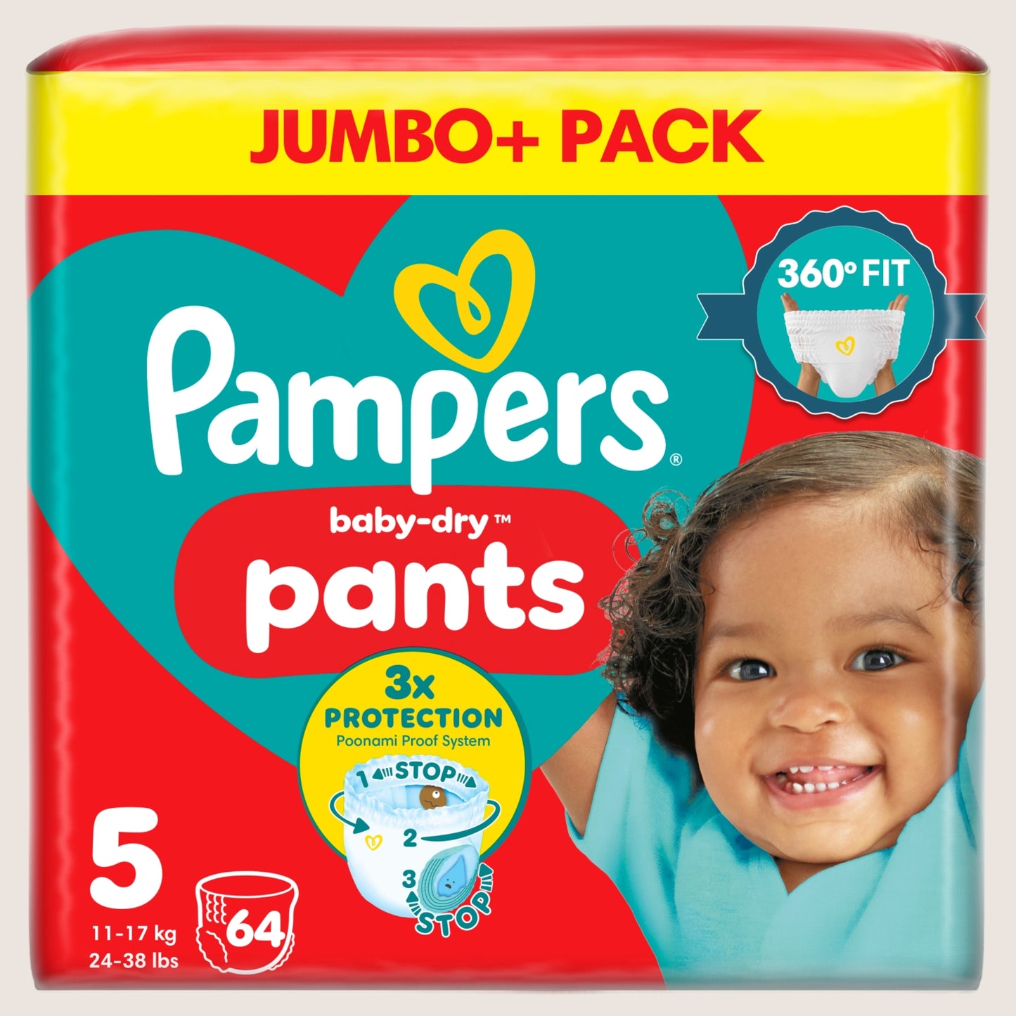 Pampers Baby-Dry Nappy Pants Size 5, , - Jumbo+ Pack Dermatologist Tested 64 Nappie 11kg