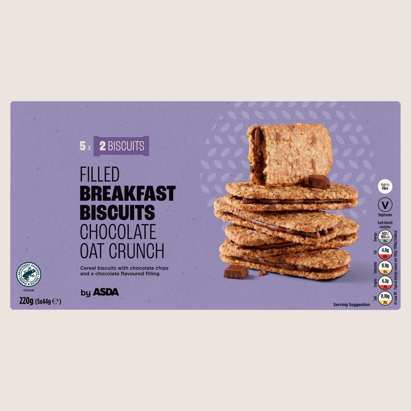 ASDA Filled Breakfast Biscuits Chocolate Oat Crunch  Vitamin Fortified 5 x 44g