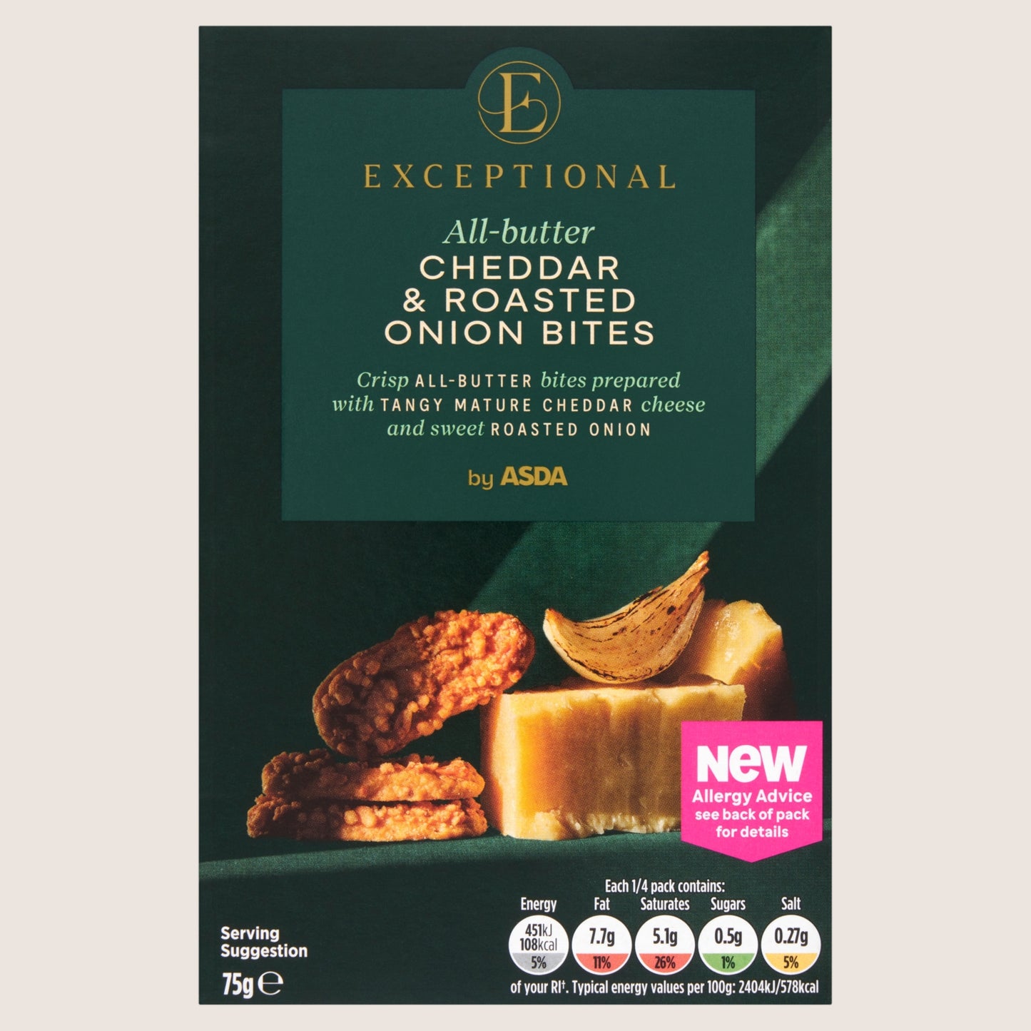 Exceptional By Asda Exceptional by All-Butter Cheddar & Roasted Onion Bites Free From Artificial Additives 75g
