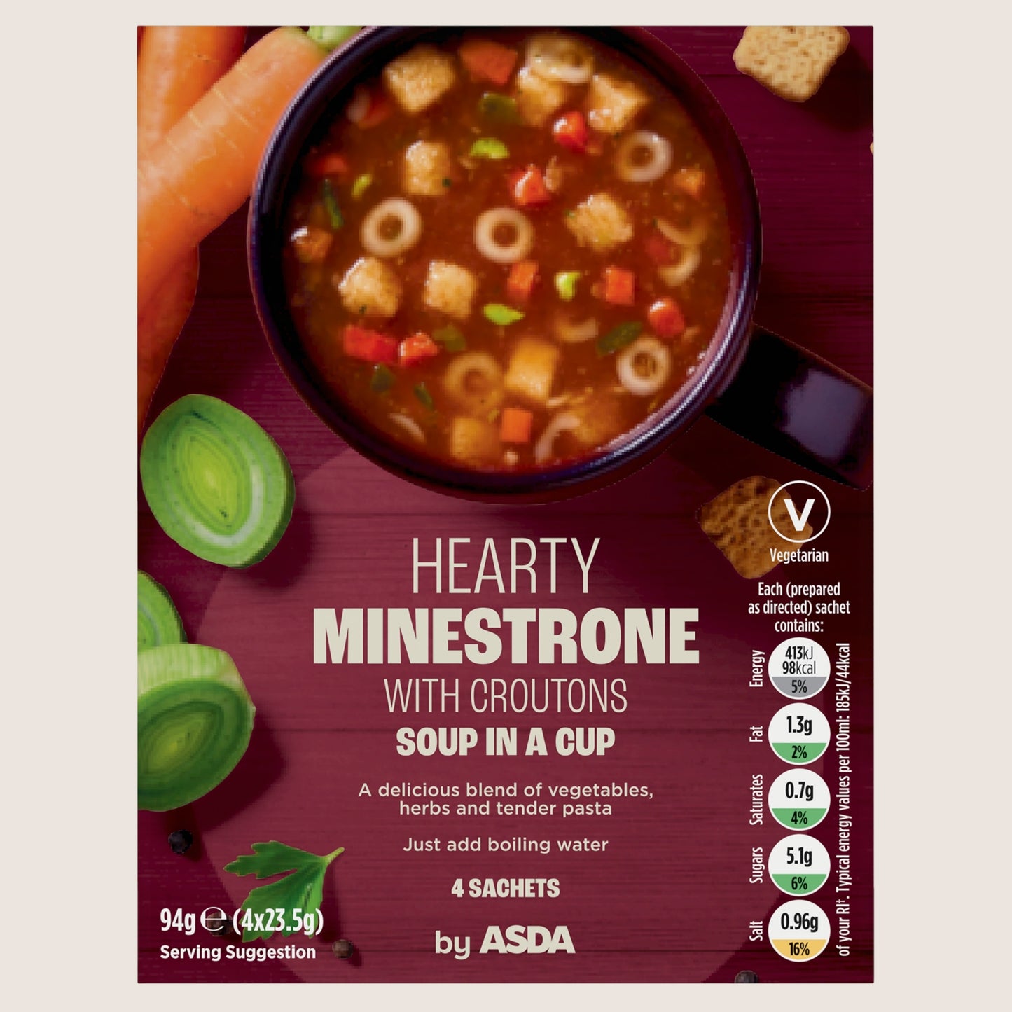 ASDA Hearty Minestrone with Croutons Soup in a Cup No Artificial Additives 4x23.5g