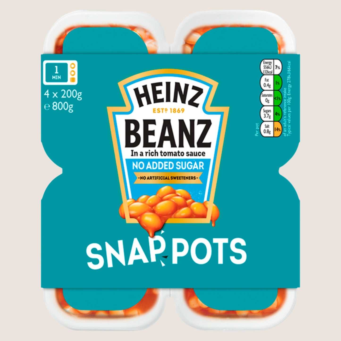 Heinz Baked Beans Snap Pots No Added Sugar 4 x 200g