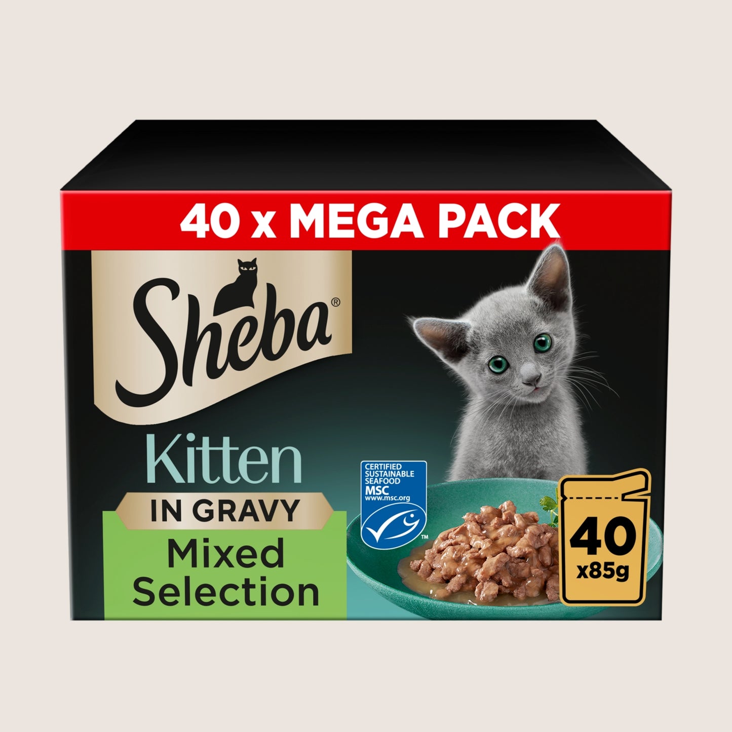 Sheba Mixed Selection Kitten Wet Cat Food in Gravy Pouch For Growing Pets 40 x 85g