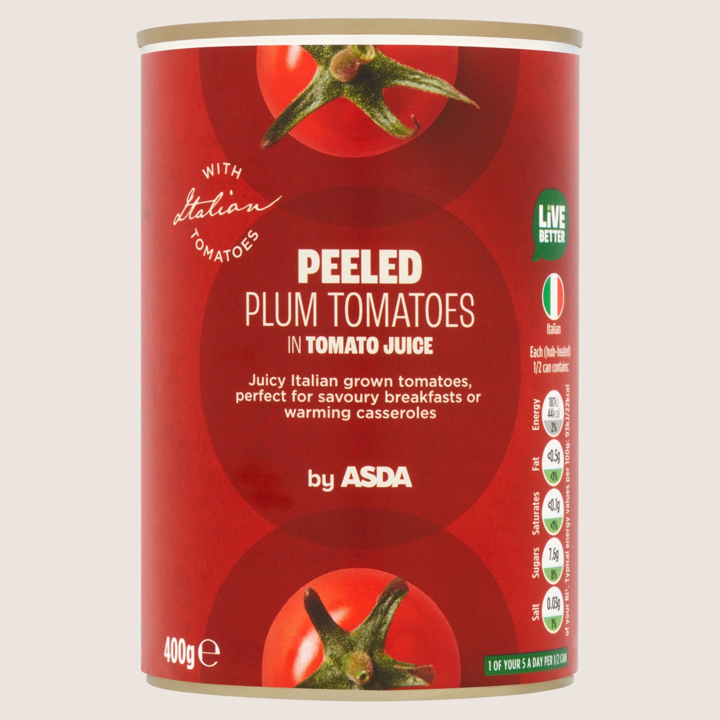 ASDA Peeled Plum Tomatoes in Tomato Juice Sun Ripened Tomatoes 400g