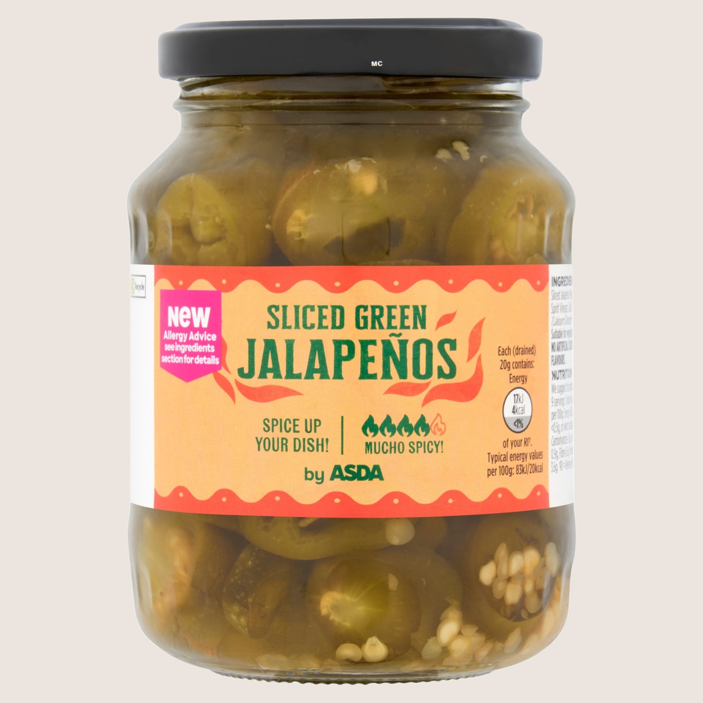 ASDA Sliced Green Jalapeños No Artificial Additives 340g