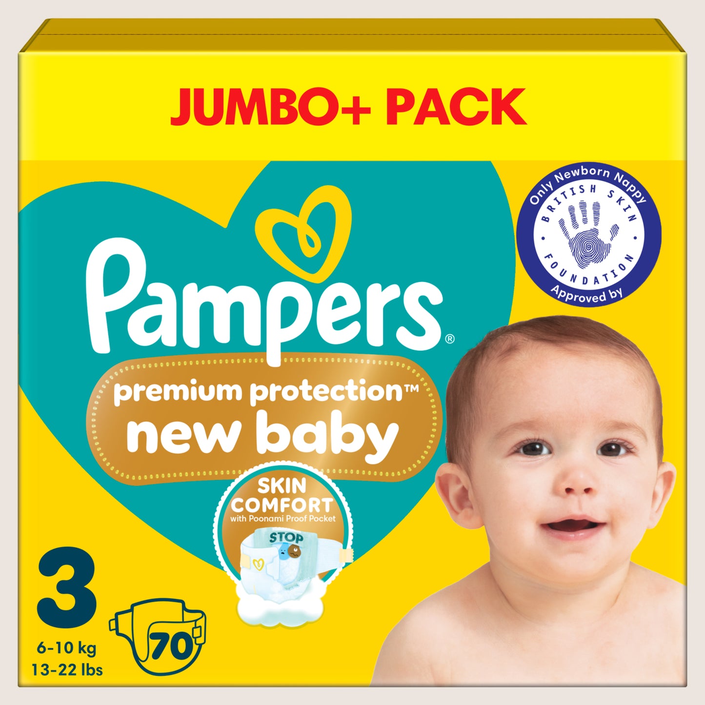 Pampers Premium Protection New Baby Size 3, , - Jumbo+ Pack Dermatologist Tested 70 Nappie 6kg