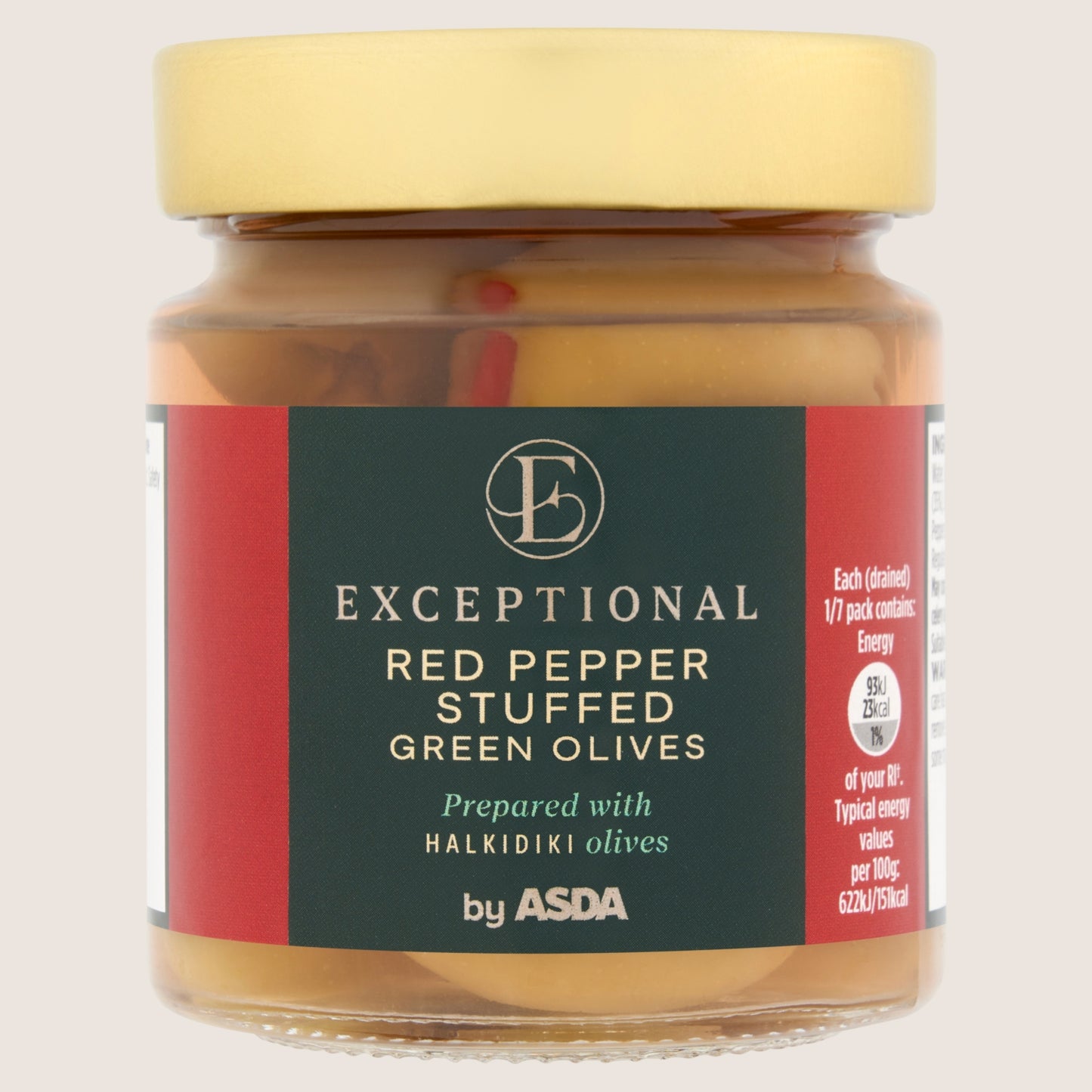 Exceptional by ASDA Red Pepper Stuffed Green Olives No Artificial Additives 195g