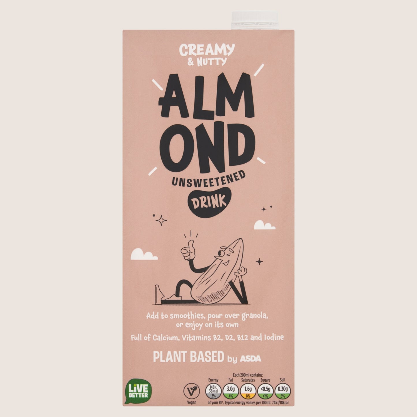 Plant Based by ASDA Almond Unsweetened Drink 1 Litre Plant-Based