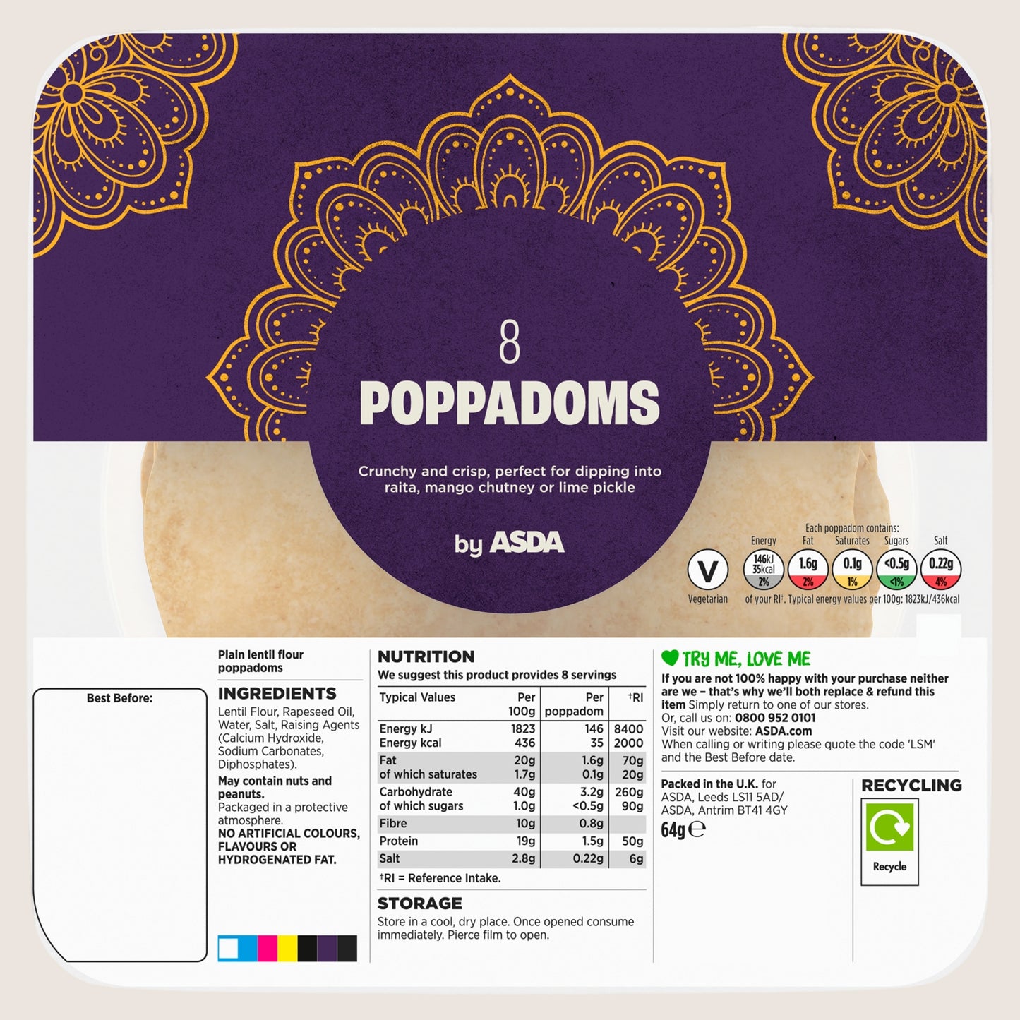 ASDA 8 Poppadoms No Artificial Additives 64g