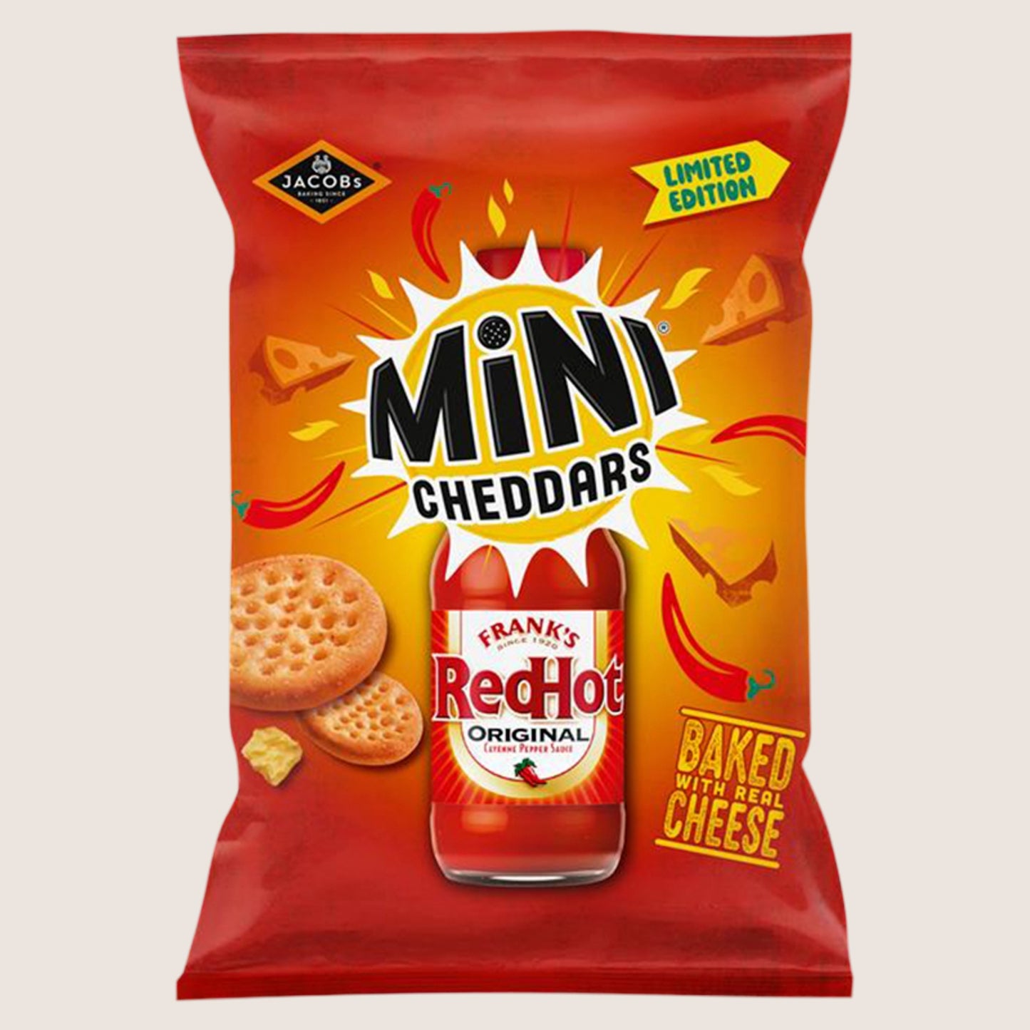 Jacob's Mini Cheddars Frank's Red Hot No Artificial Additives 150g