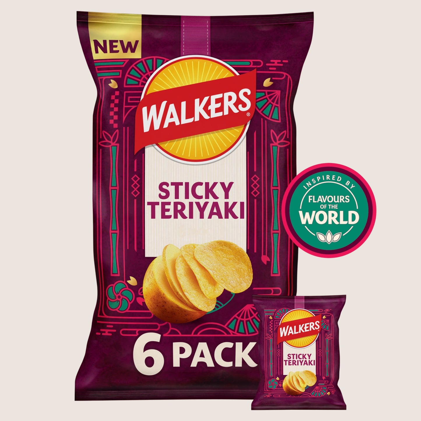 Walkers Sticky Teriyaki Flavour Sharing Crisps No Artificial Additives 6x25g