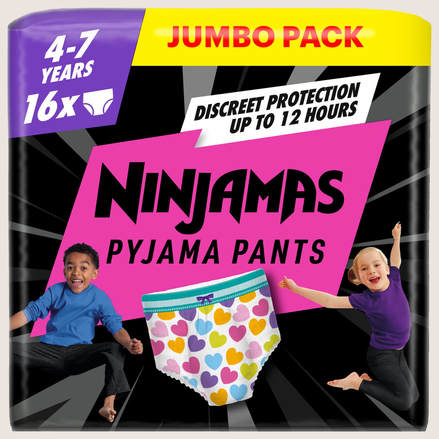 Pampers Ninjamas Pyjama Pants Unisex Hearts, 4 - 7 Years, 16 Pyjama Pants Gentle Formula