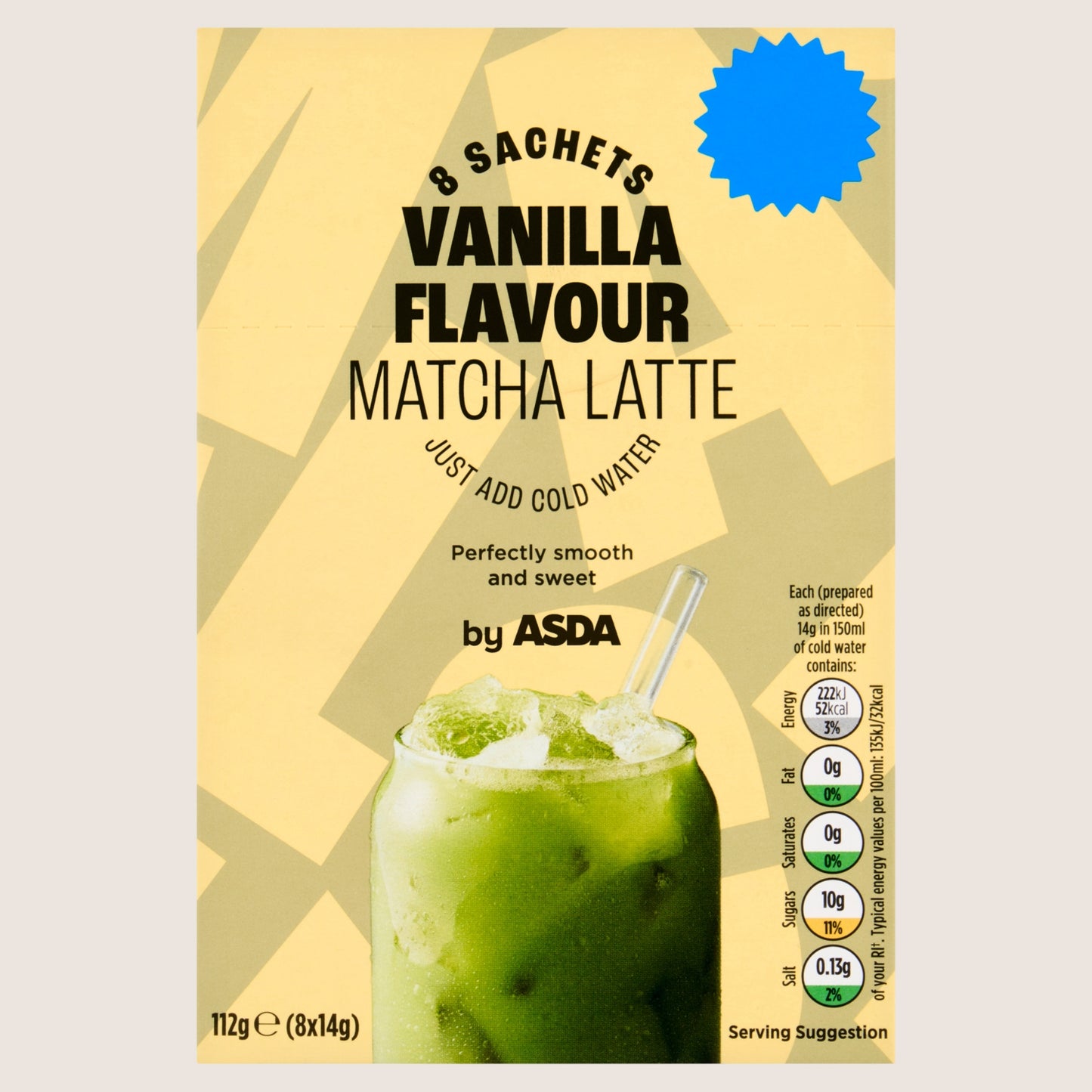 ASDA 8 Vanilla Flavour Matcha Latte No Artificial Additives 8x14g