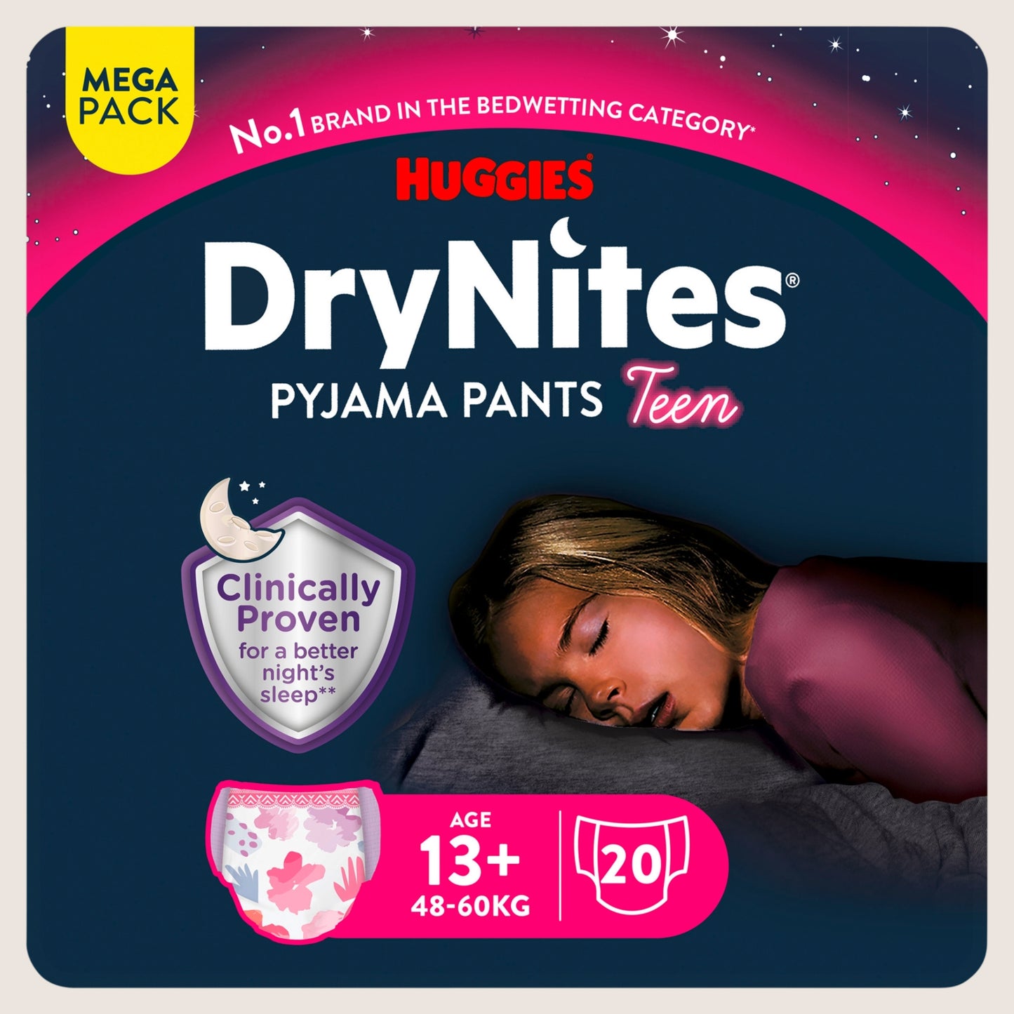 Huggies DryNites Girls Pyjama Pants for Bedwetting 13+ Yrs 48- MEGA Pack 20 pants Gentle Formula 60kg