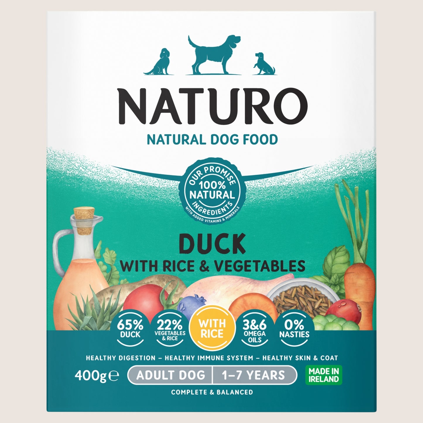 Naturo Natural Dog Food Duck with Rice & Vegetables Adult Dog 1-7 Years With Omega Oils 400g