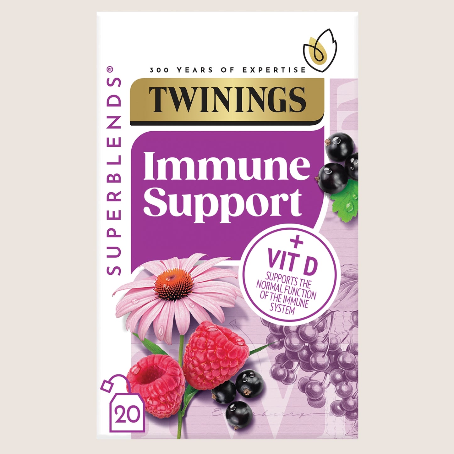 Twinings Superblends Immune Support Blackcurrant & Raspberry 20 Tea Bags No Artificial Additives 40g