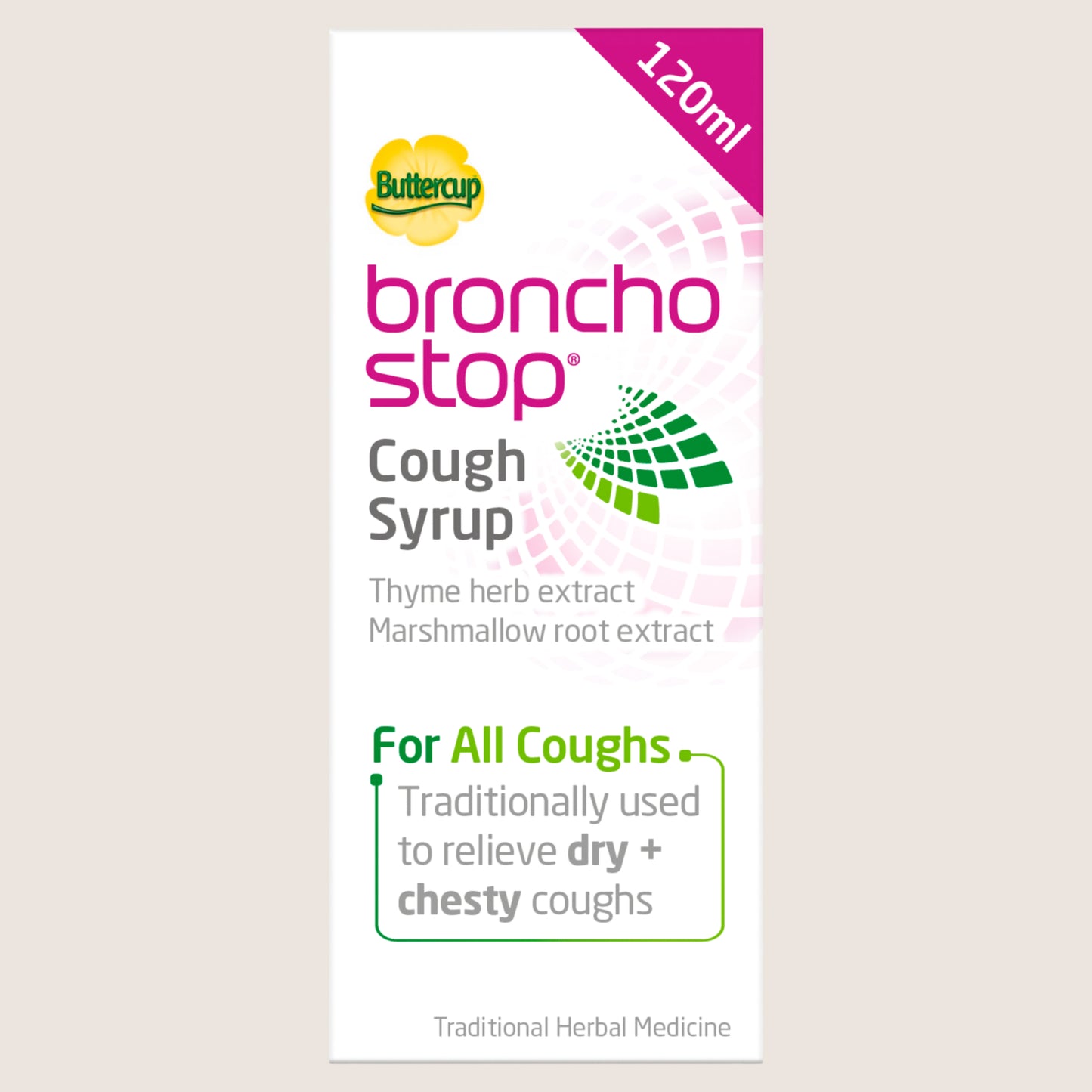Buttercup Bronchostop Cough Syrup () - Relief for Dry or Chesty Coughs - with Natural Thyme Herb and Marshmallow Root Extract - Non Drowsy Cough Medicine That Can Be Diluted & Undiluted - Alcohol Free Non-Drowsy