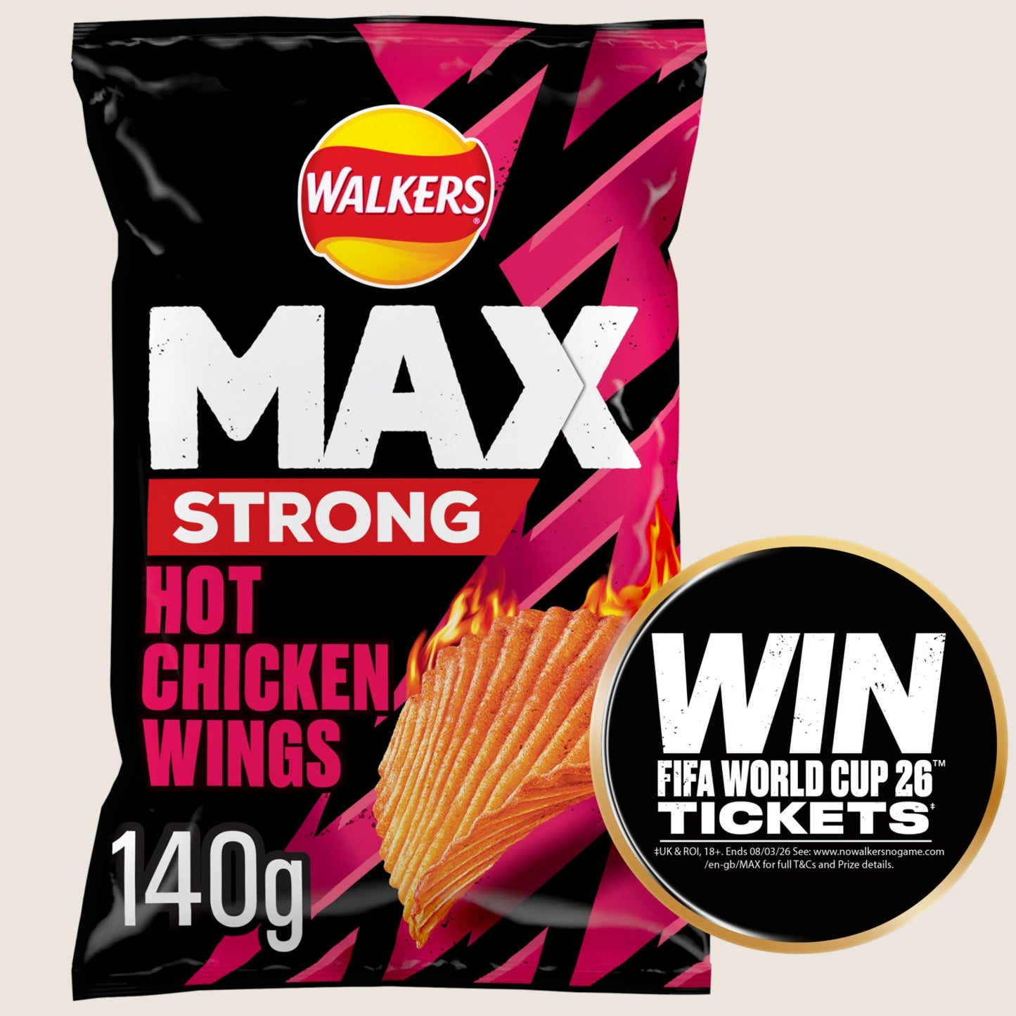 Walkers Max Strong Hot Chicken Wings Sharing Crisps No Artificial Additives 140g