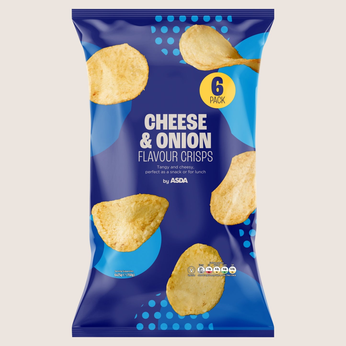 ASDA Cheese & Onion Flavour Crisps No Artificial Additives 6 x 25g