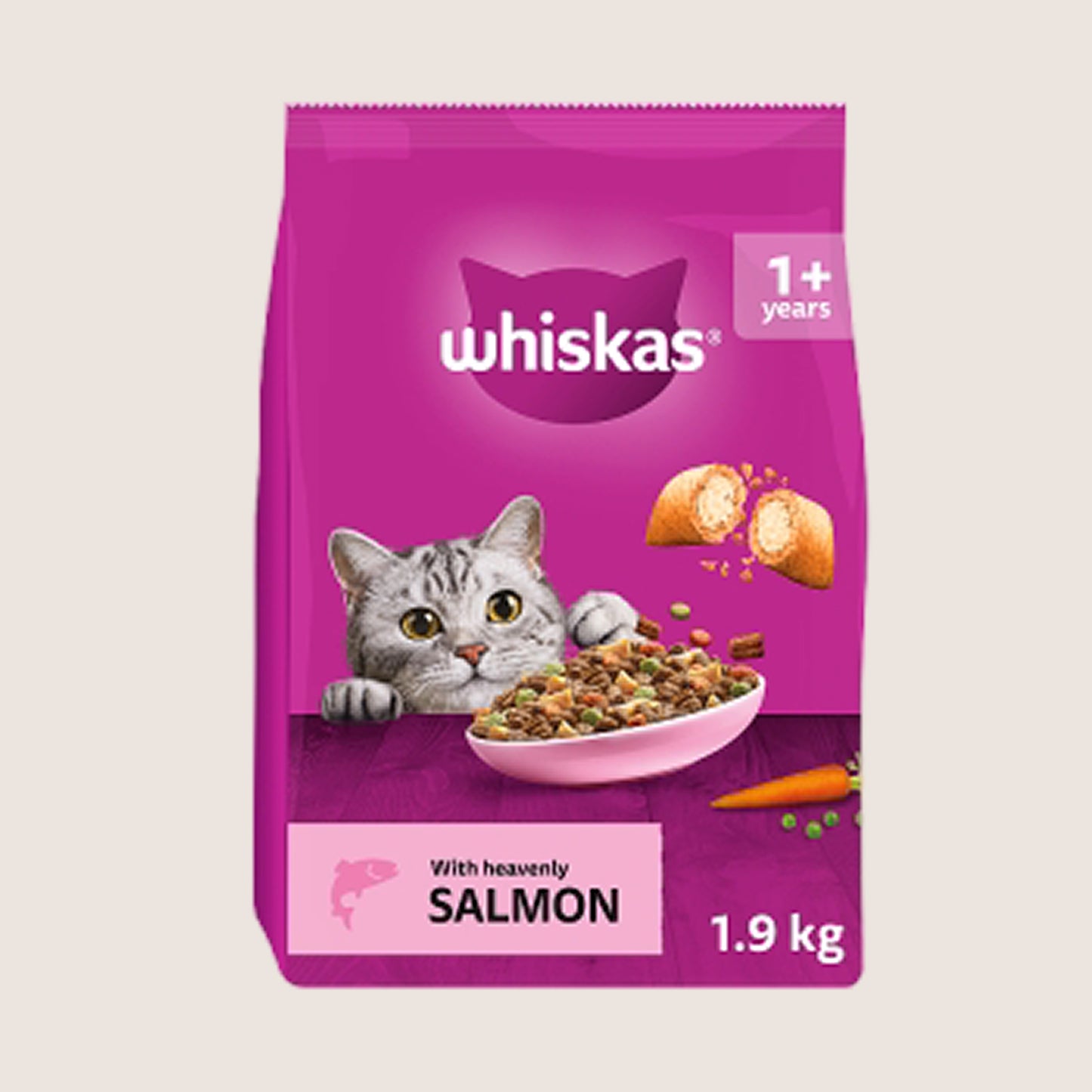 Whiskas 1+ Dry SALMON Cat Food No Artificial Additives 1.9kg