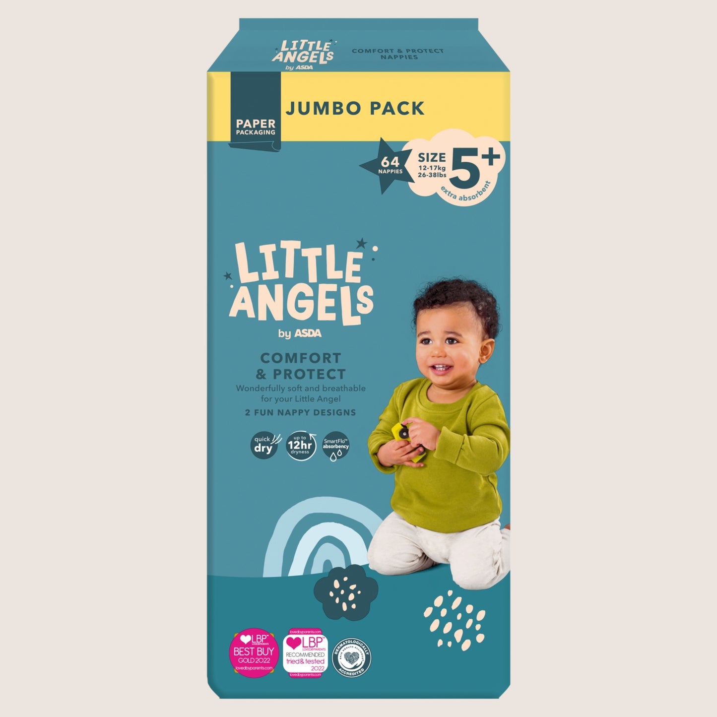 LITTLE ANGELS by ASDA Comfort & Protect Size 5+ 12- 26-38lbs Size 5 64 Nappie 17kg