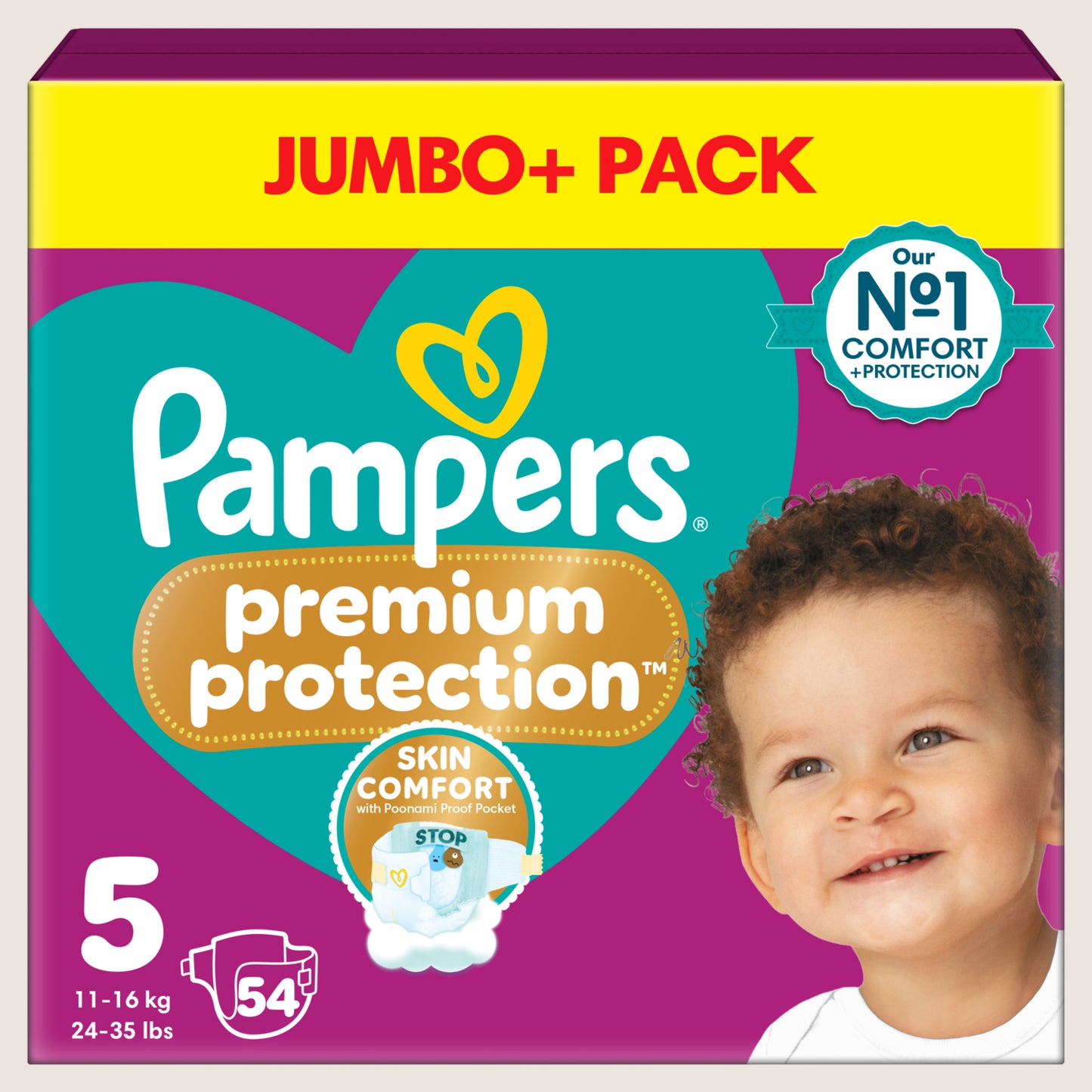 Pampers Premium Protection Size 5, 54 Baby Nappies, - Jumbo+ Pack Dermatologist Tested 11kg
