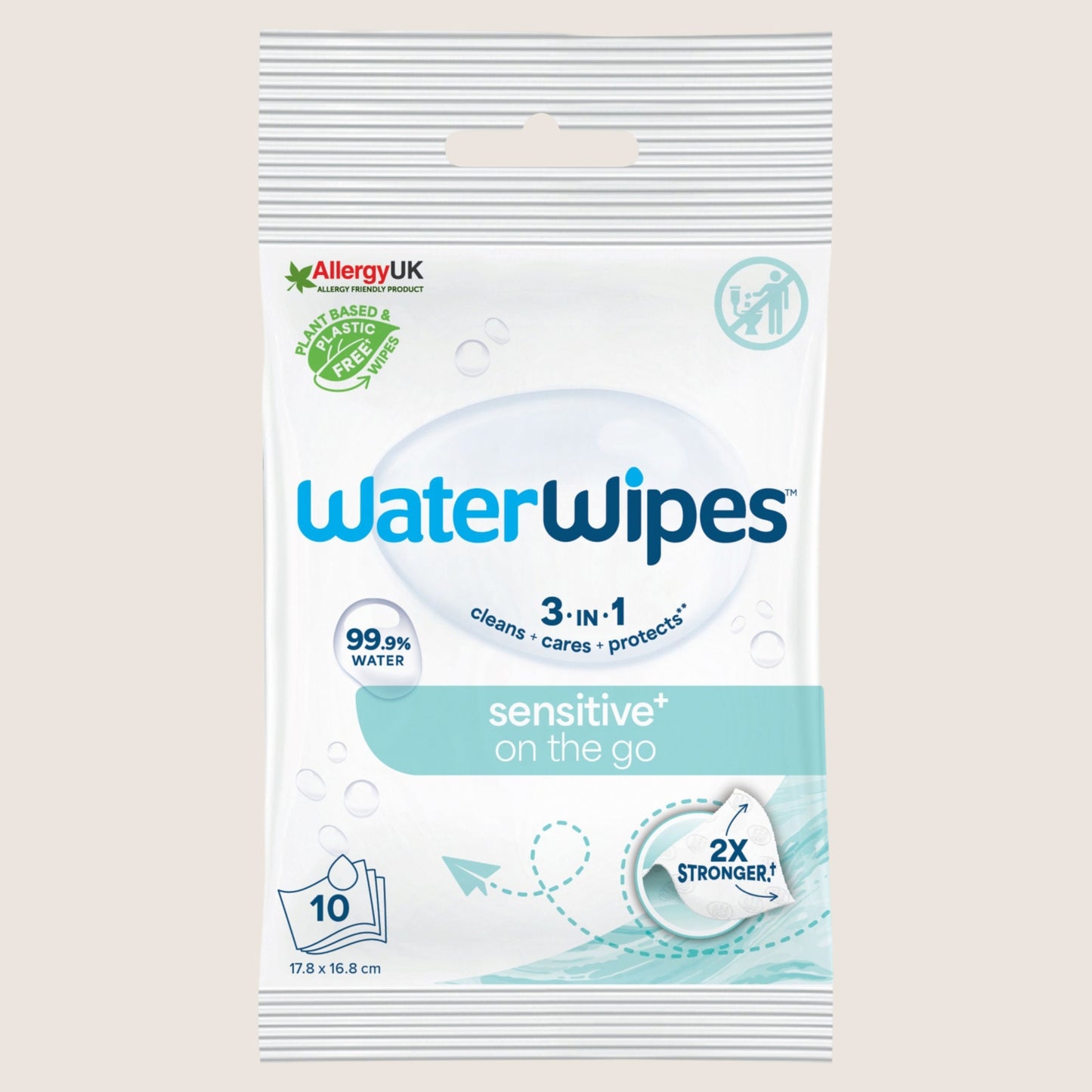 WaterWipes Sensitive+ On The Go Wipes, 3-In-1 Cleans Cares Protects, 99.9% Water Unscented Wet Wipes Sensitive Skin 10 Count