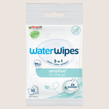 WaterWipes Sensitive+ On The Go Wipes, 3-In-1 Cleans Cares Protects, 99.9% Water Unscented Wet Wipes Sensitive Skin 10 Count