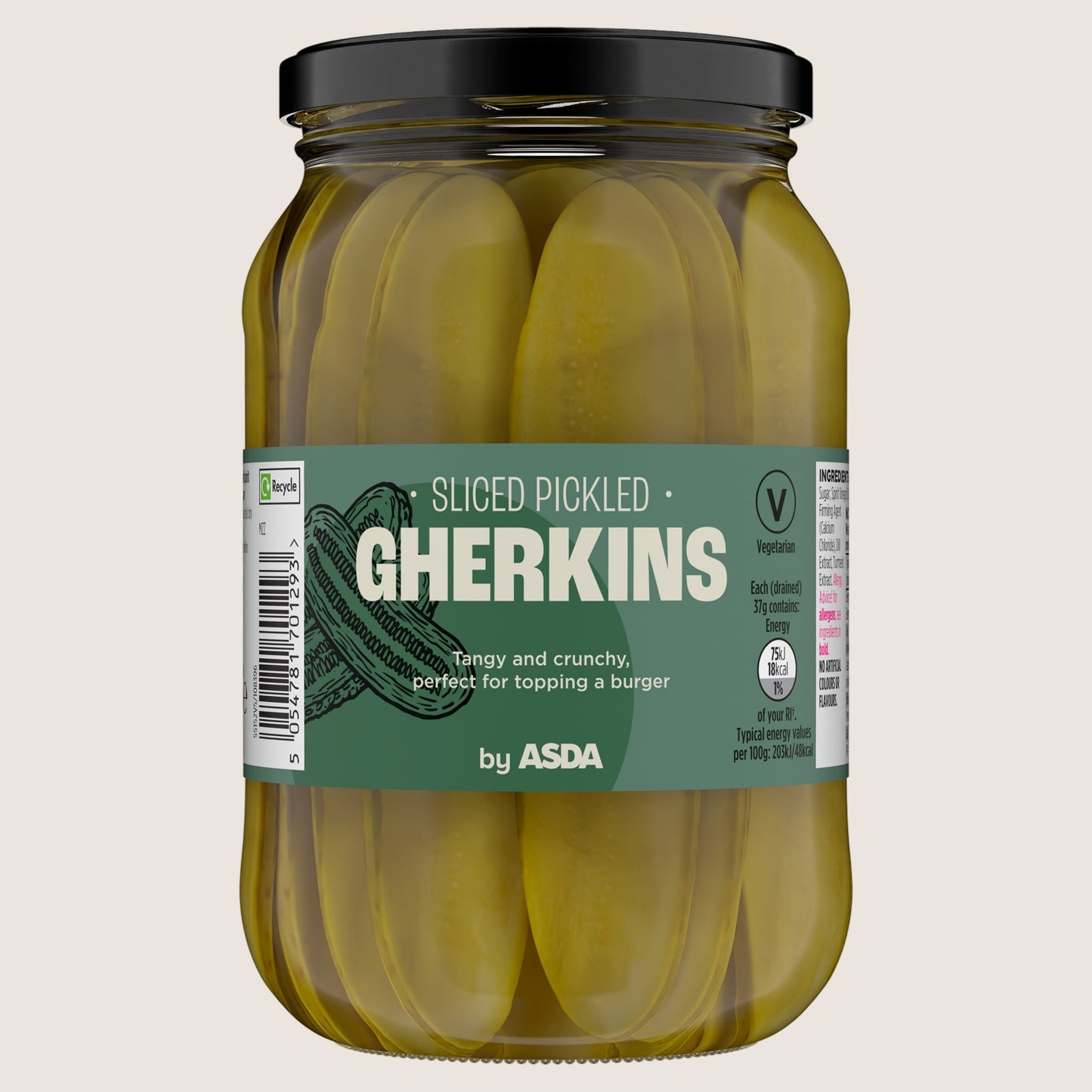 ASDA Sliced Pickled Gherkins No Artificial Additives 480g