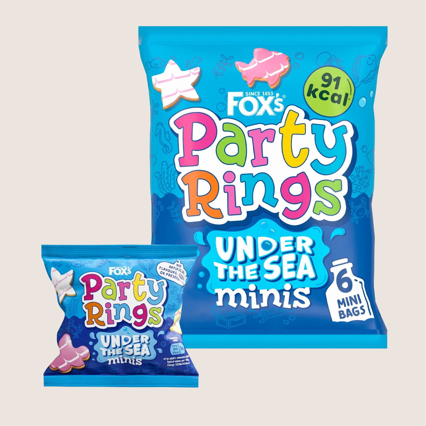 Fox's Biscuits Party Rings Minis Under The Sea 6 Snack Bags Free From Artificial Additives